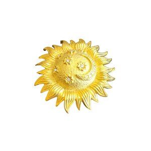Vintage Wonderful Domed Matte Gold 80s Sun Brooch Pendant (A2448)